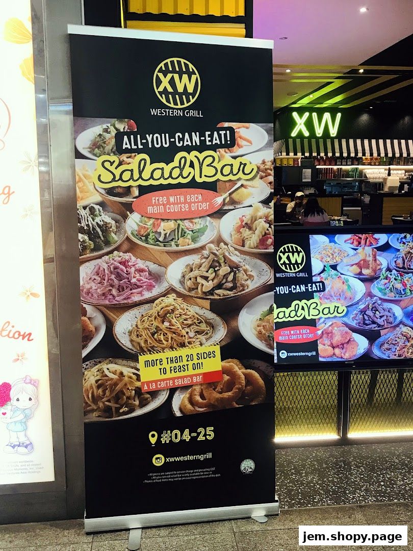 A promotional banner and digital display for XW Western Grill's All-You-Can-Eat Salad Bar.