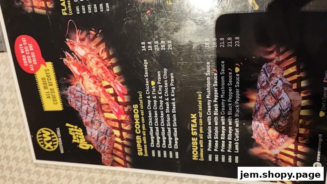 A menu from XW Western Grill featuring grilled meats and seafood, with prices and descriptions.