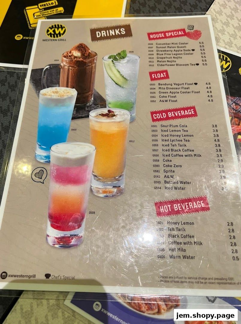 A menu from XW Western Grill featuring various drinks like house specials, floats, cold, and hot beverages.