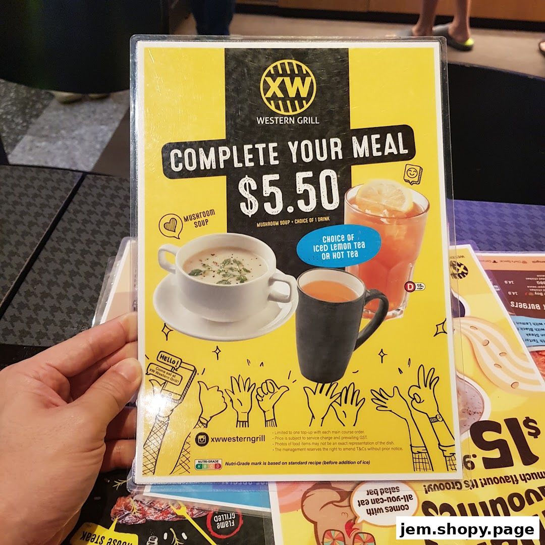 A menu offering a complete meal for $5.50 including mushroom soup and a drink.