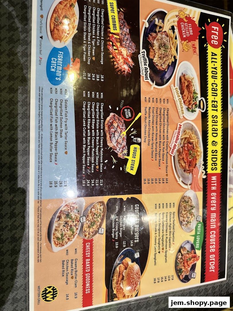 A menu from XW Western Grill featuring various grilled dishes, burgers, pasta, and baked rice options.