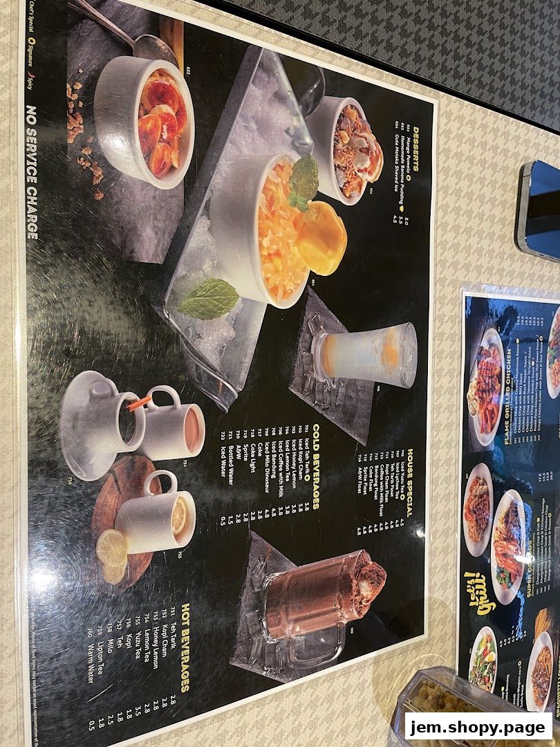 A menu from XW Western Grill featuring desserts, hot and cold beverages, and house specials.