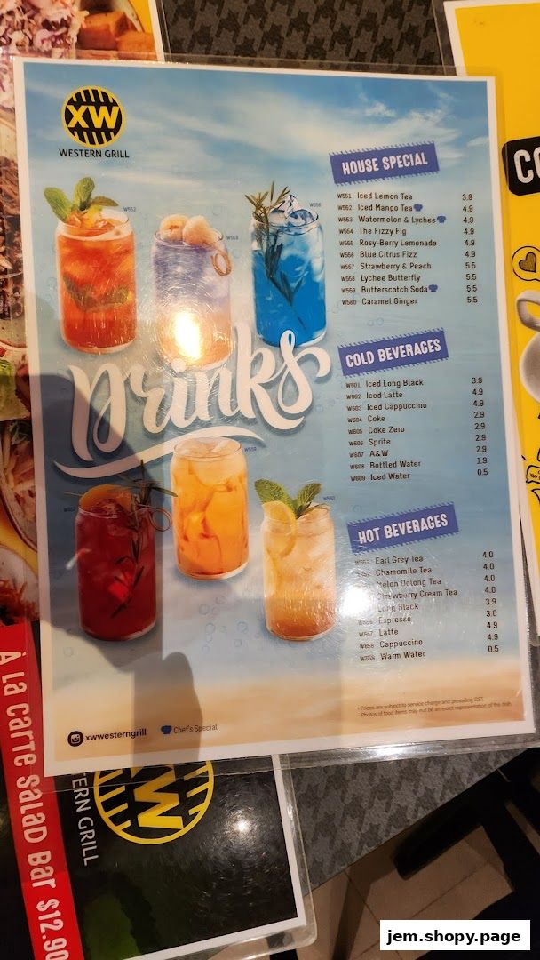 A menu from XW Western Grill featuring a variety of house special, cold, and hot beverages.