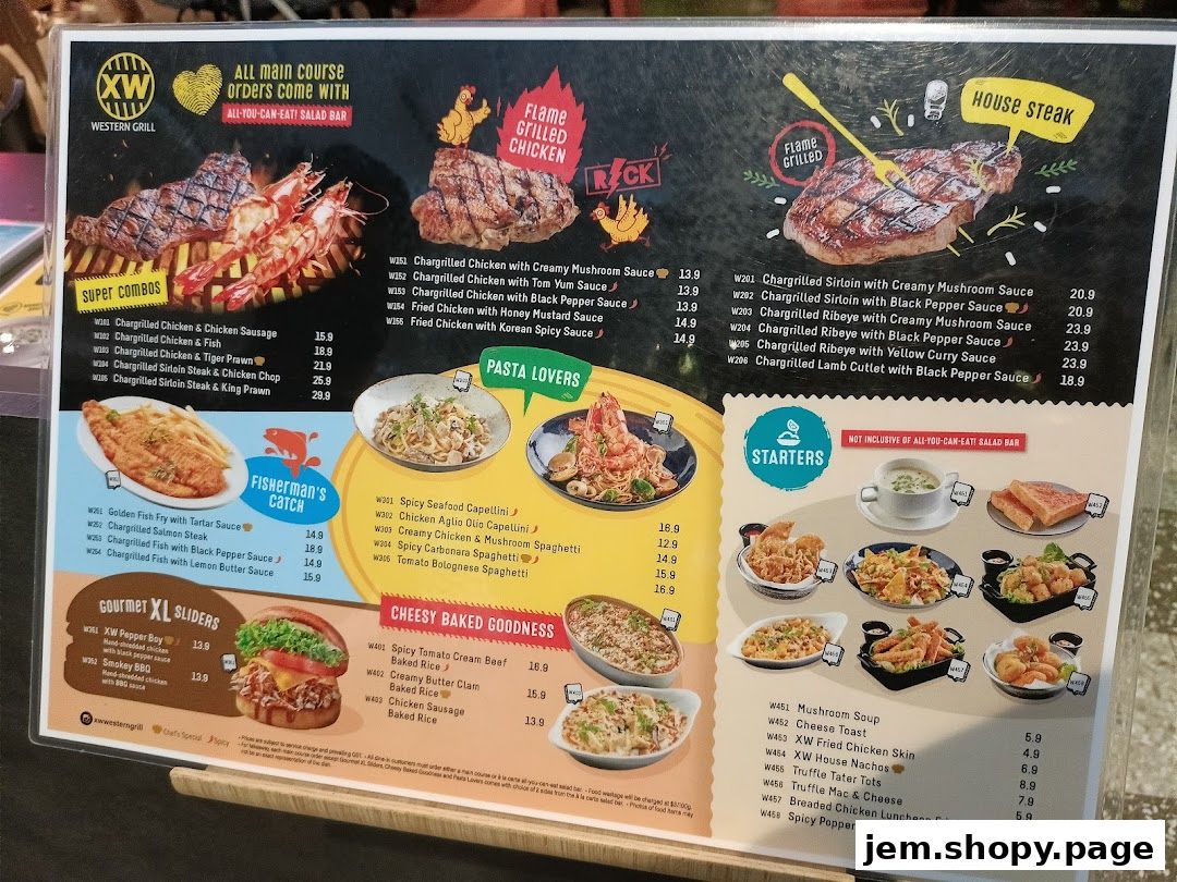 A menu for XW Western Grill featuring steaks, seafood, pasta, starters, and sliders.
