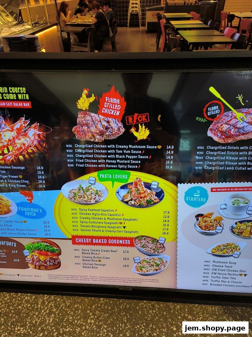 A digital menu board displays various grilled chicken, pasta, and baked rice dishes with prices.