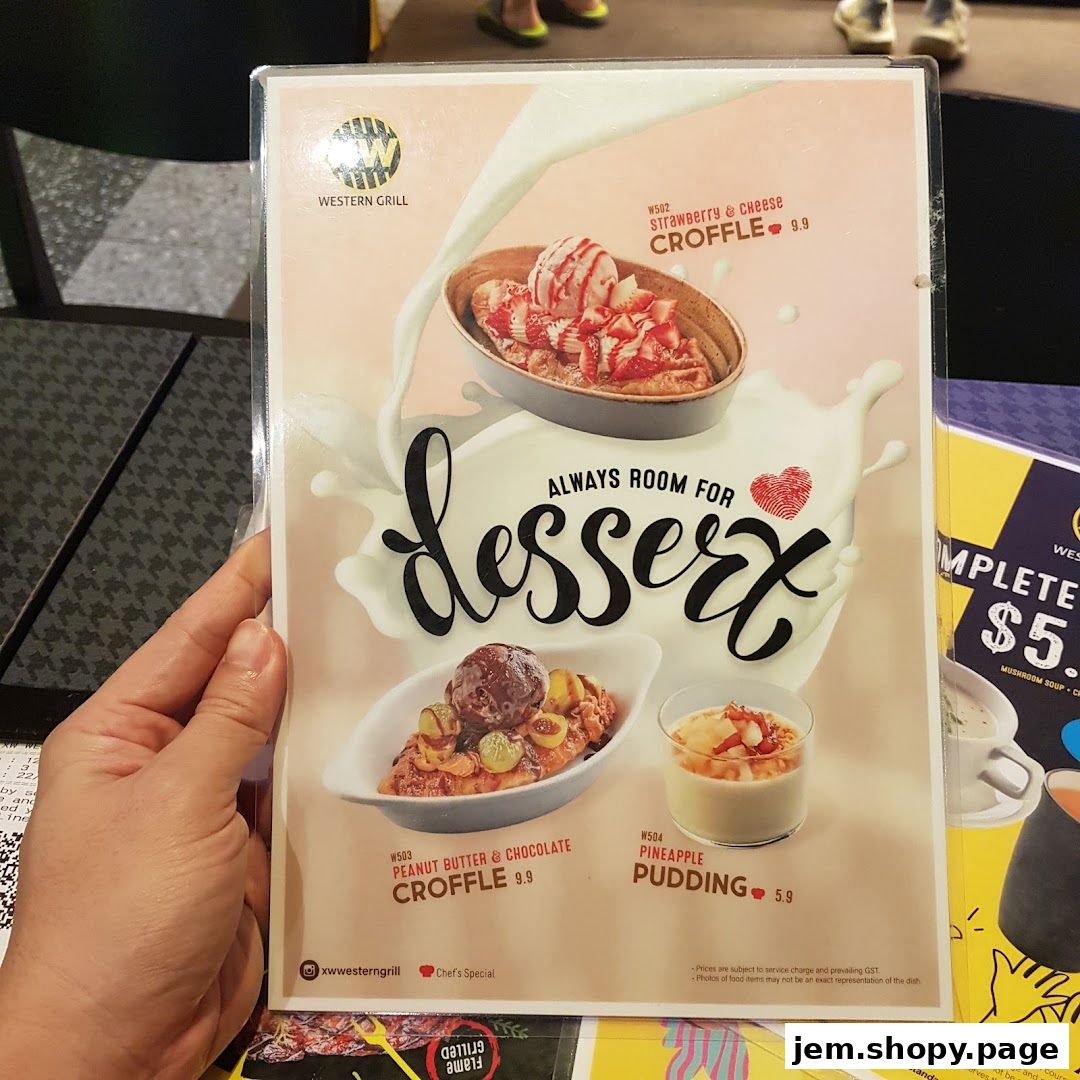A menu featuring desserts from XW Western Grill, including croffles and pudding.