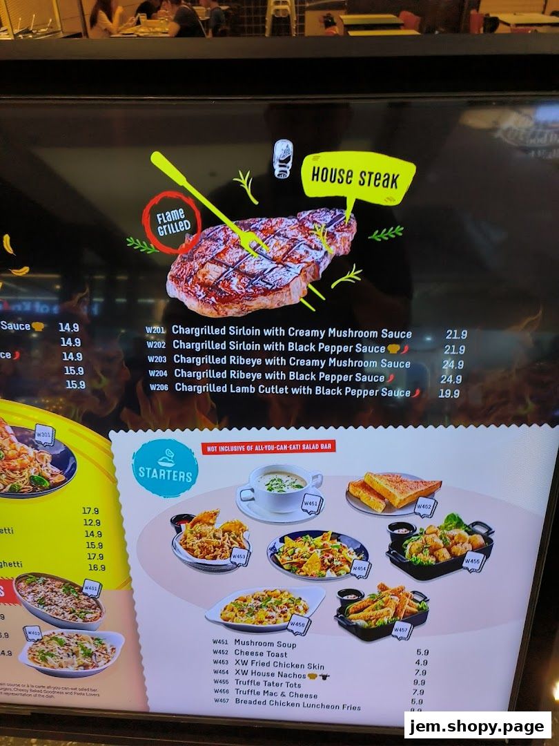 A digital menu displaying steaks, starters, and other dishes with prices.