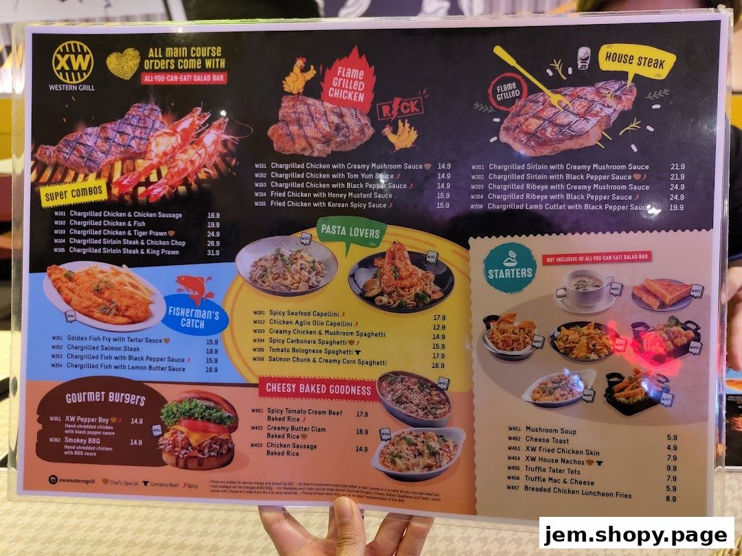 A menu for XW Western Grill featuring various dishes like super combos, pasta, burgers, and starters.