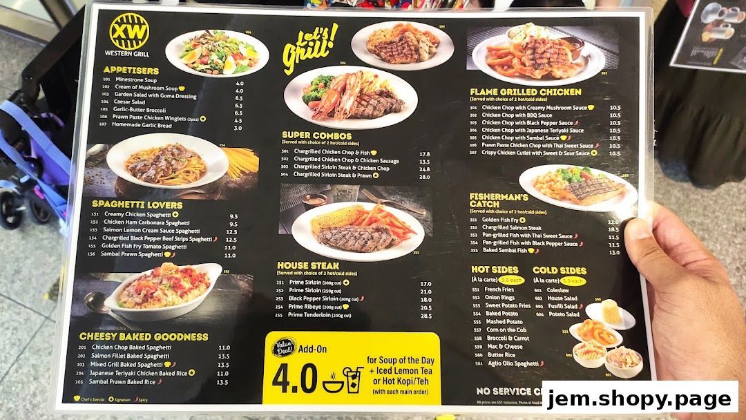 A menu from XW Western Grill featuring various Western dishes, combos, and sides.