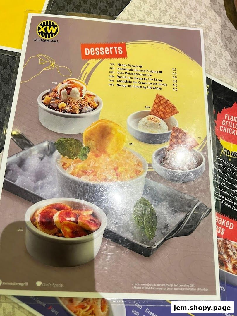 A menu page from XW Western Grill featuring various dessert items with prices.