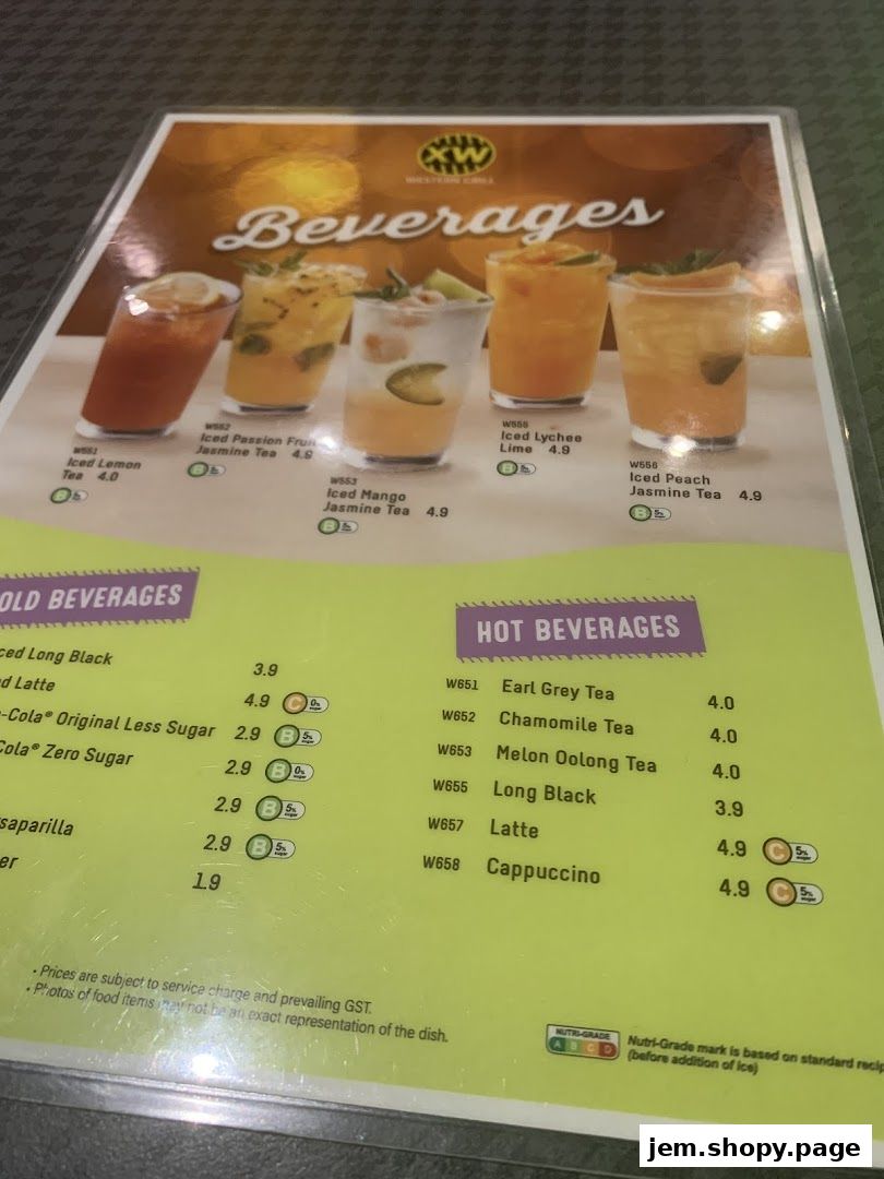 A menu page displaying cold and hot beverages with prices and nutritional grades.