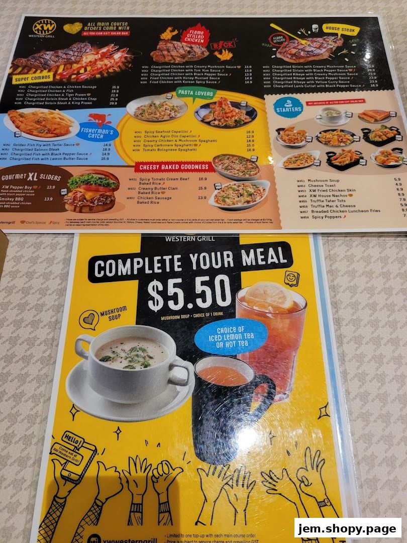 A menu from XW Western Grill featuring main courses, pasta, starters, and meal deals.