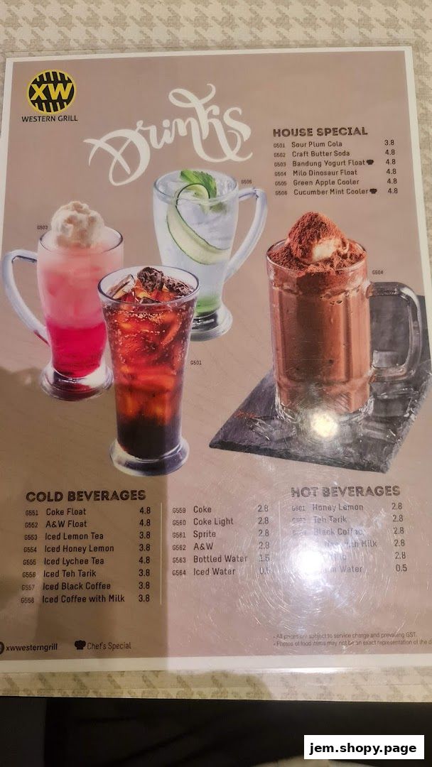 A menu page from XW Western Grill showcasing various cold and hot beverages.