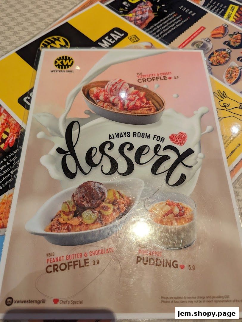 A menu from XW Western Grill featuring desserts like Croffles and Pudding.