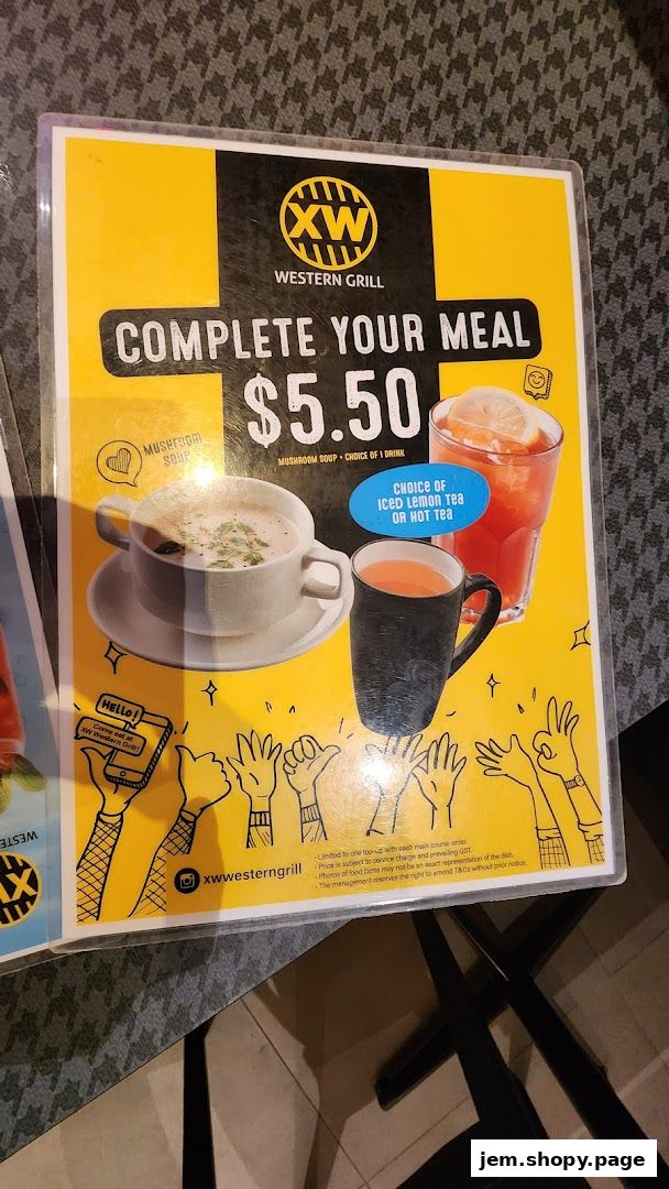 A menu offering a complete meal deal with mushroom soup and a choice of drink for $5.50.