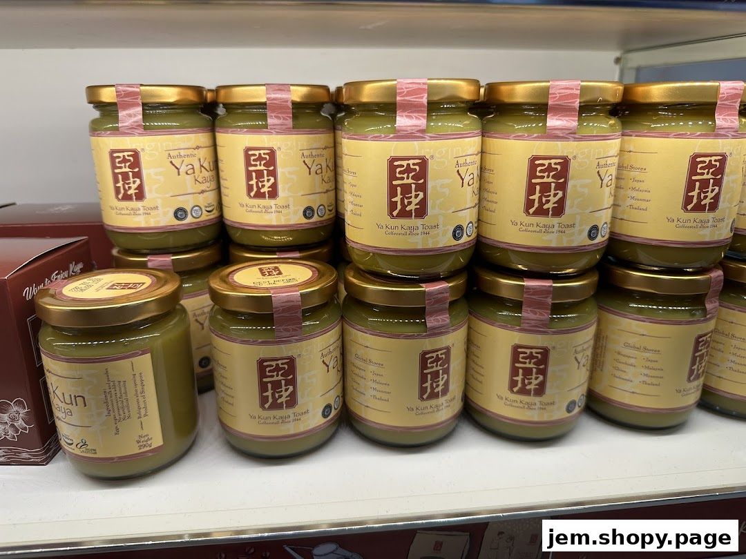 Jars of Ya Kun Kaya Toast spread neatly stacked on shelves.