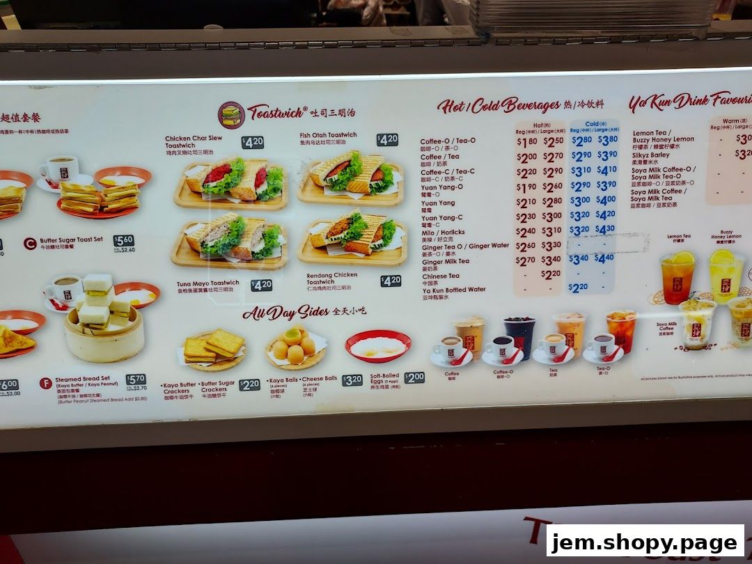 A menu board displaying various toastwiches, sets, sides, and beverages from Ya Kun Kaya Toast.