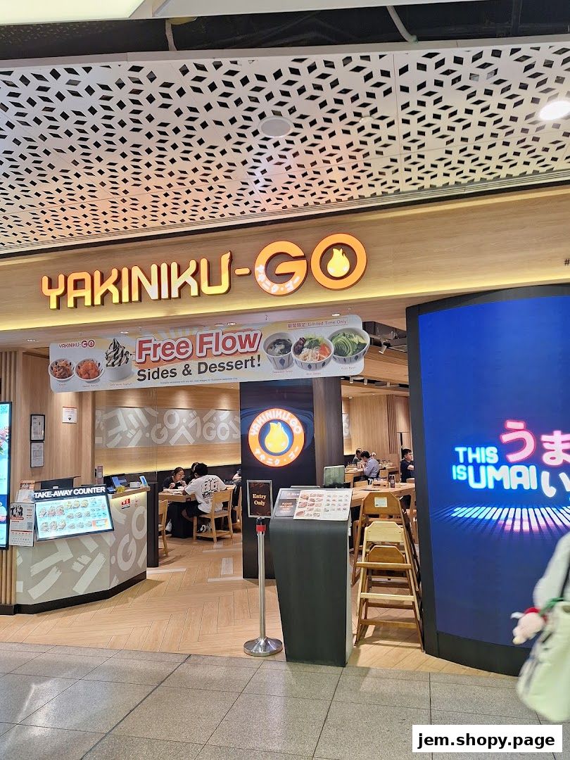 The entrance of Yakiniku-GO restaurant with a 'Free Flow Sides & Dessert' promotion.