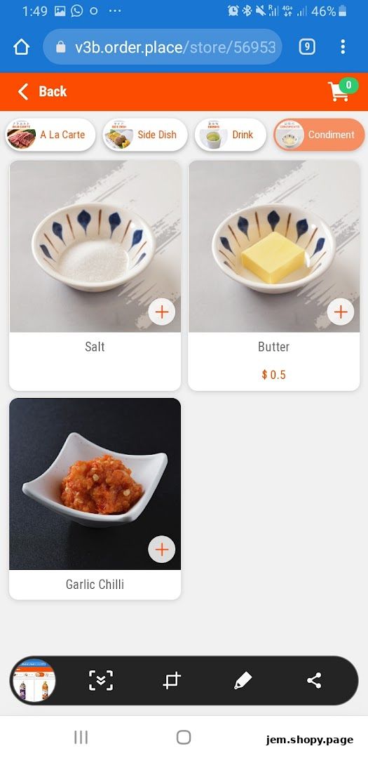 A screenshot of a mobile ordering interface showing condiments like salt, butter, and garlic chilli.
