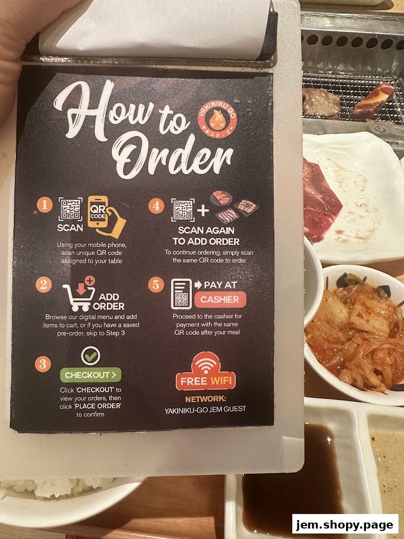 A guide on how to order at Yakiniku-GO JEM, featuring QR codes and ordering steps.
