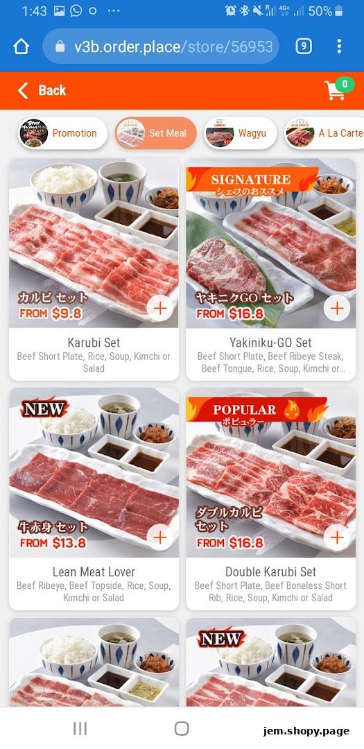 A screenshot of a Yakiniku-GO online menu displaying various beef sets and promotions.