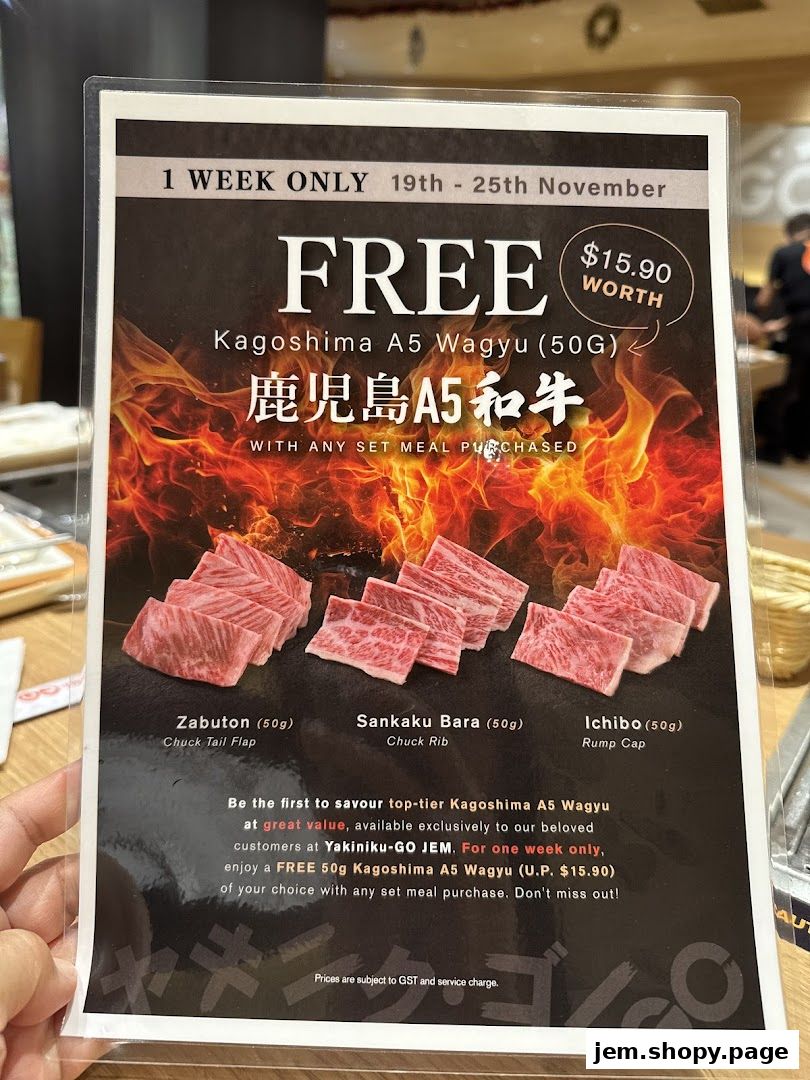 A promotional flyer for Yakiniku-GO JEM offering free Kagoshima A5 Wagyu.