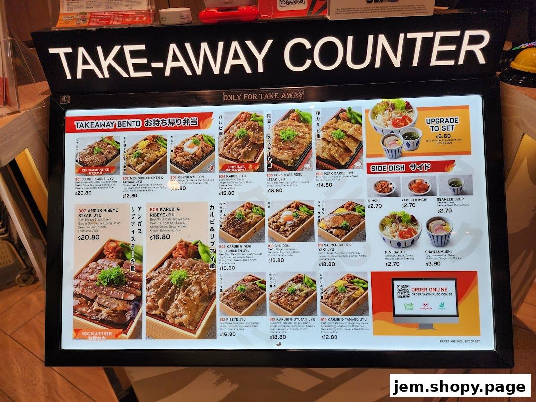 A menu board for Yakiniku-GO JEM's take-away bento and side dishes.
