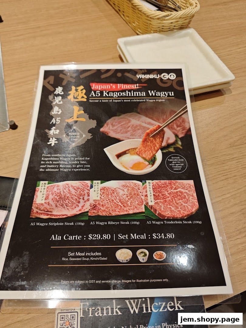 A menu showcasing A5 Kagoshima Wagyu beef with different cuts and set meal options.