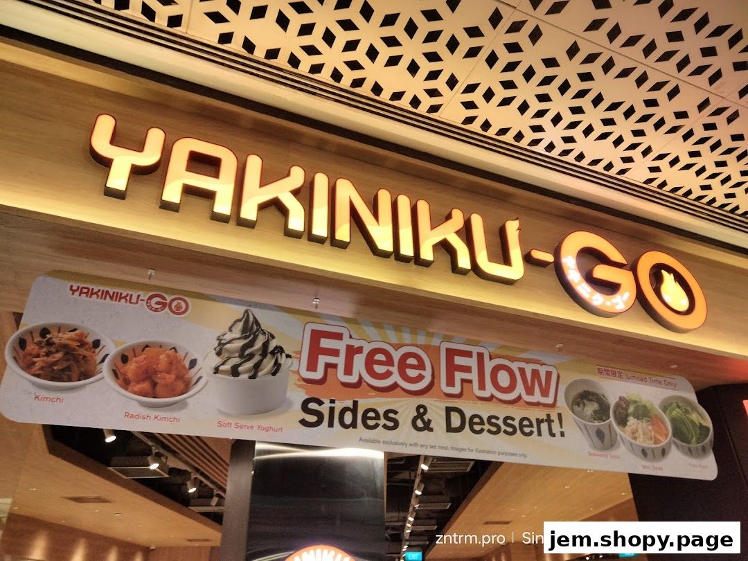 Yakiniku-GO shop front with a banner advertising free flow sides and dessert.