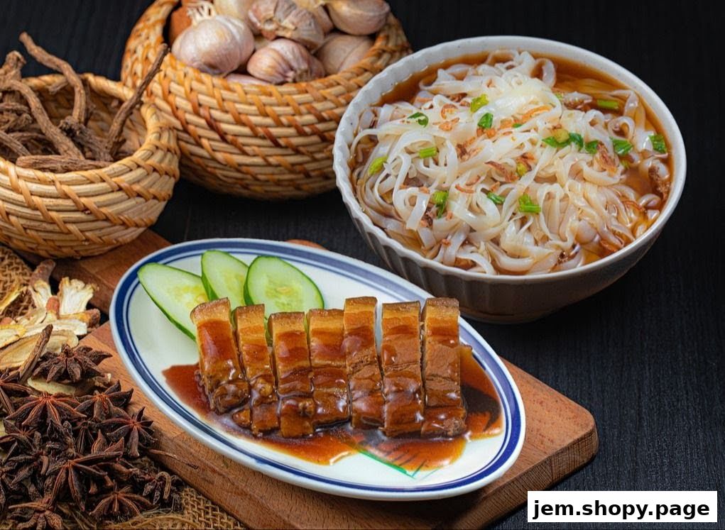 A close-up of braised pork belly, noodles, and ingredients like garlic and star anise.