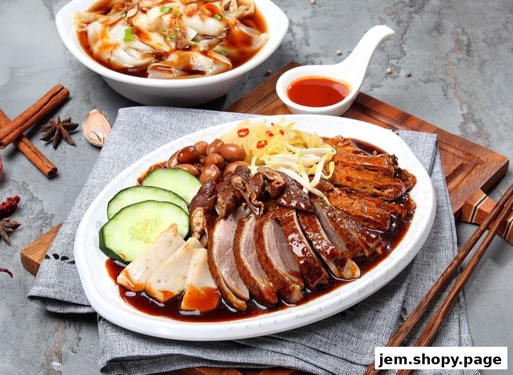 A platter of roasted duck, sliced and served with cucumber, peanuts, and pickled vegetables.