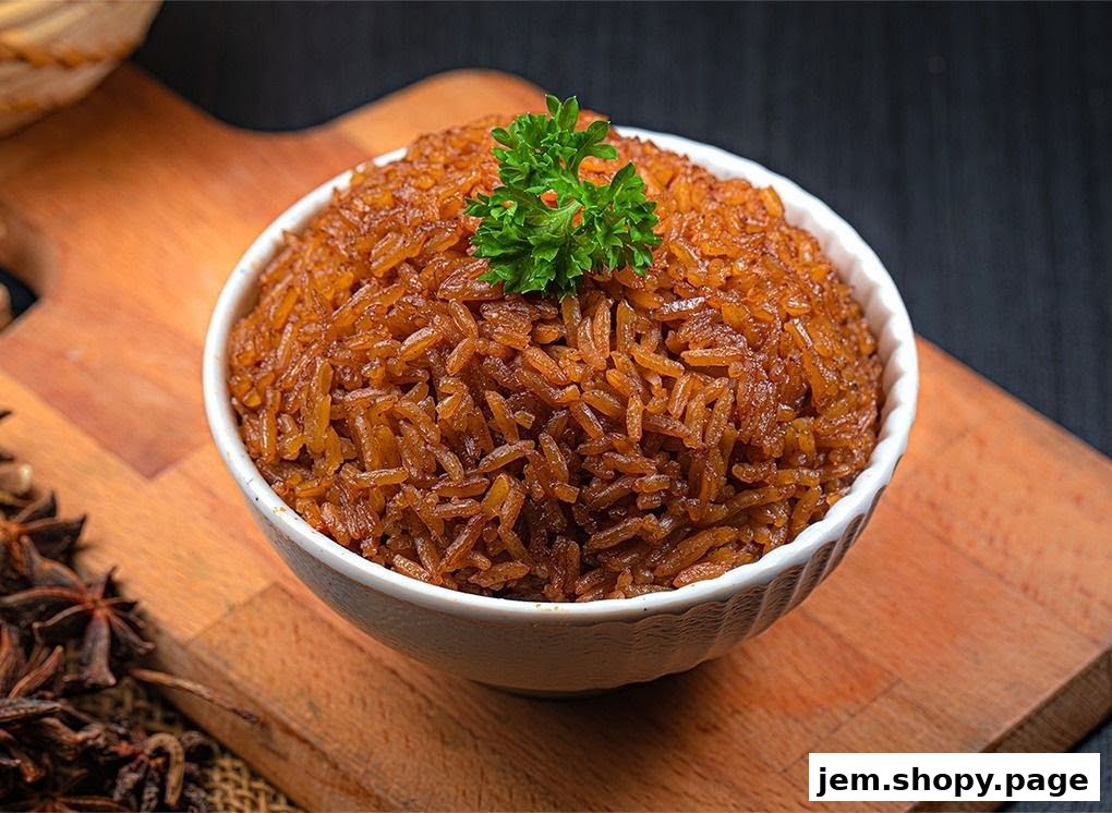 A close-up of a bowl of fragrant, seasoned rice garnished with parsley.