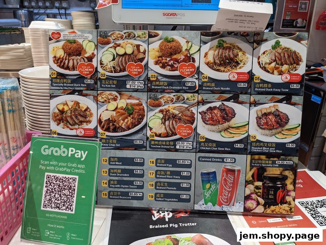 A menu display for Yew Kee Specialities featuring various braised duck and char siew rice dishes.