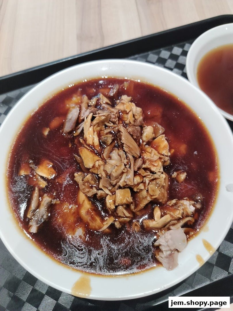 A close-up of a bowl of braised duck rice with a side of soup.