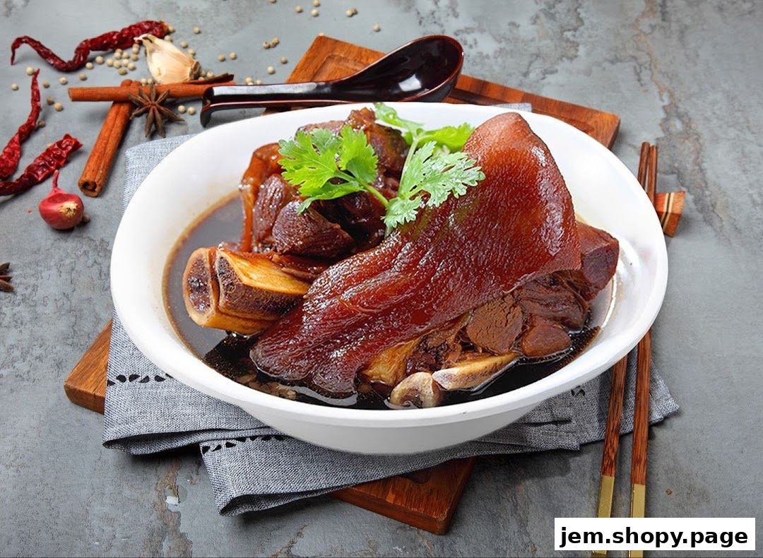 A close-up of a braised pork knuckle dish with herbs and spices.