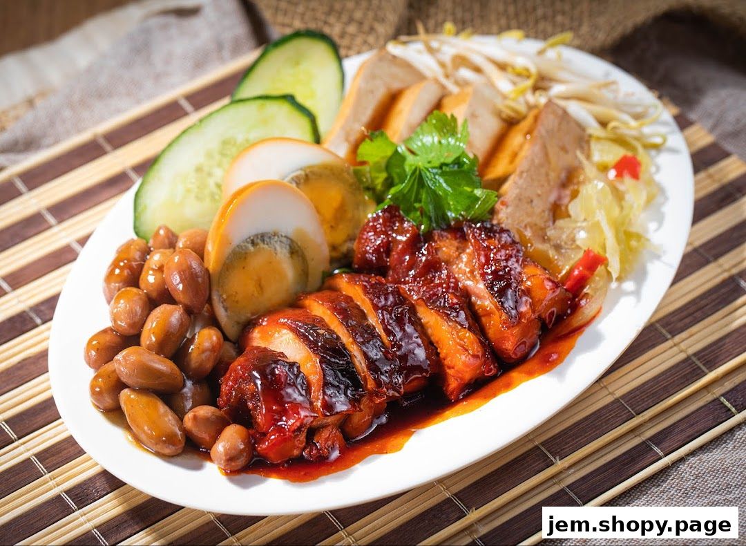 A plate of delicious braised duck with peanuts, eggs, cucumber, and pickled vegetables.