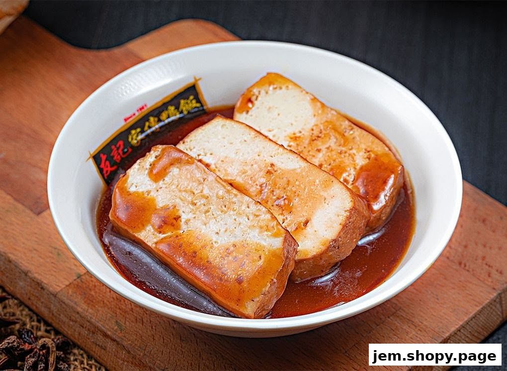 Three slices of braised tofu in a rich brown sauce served in a white bowl.