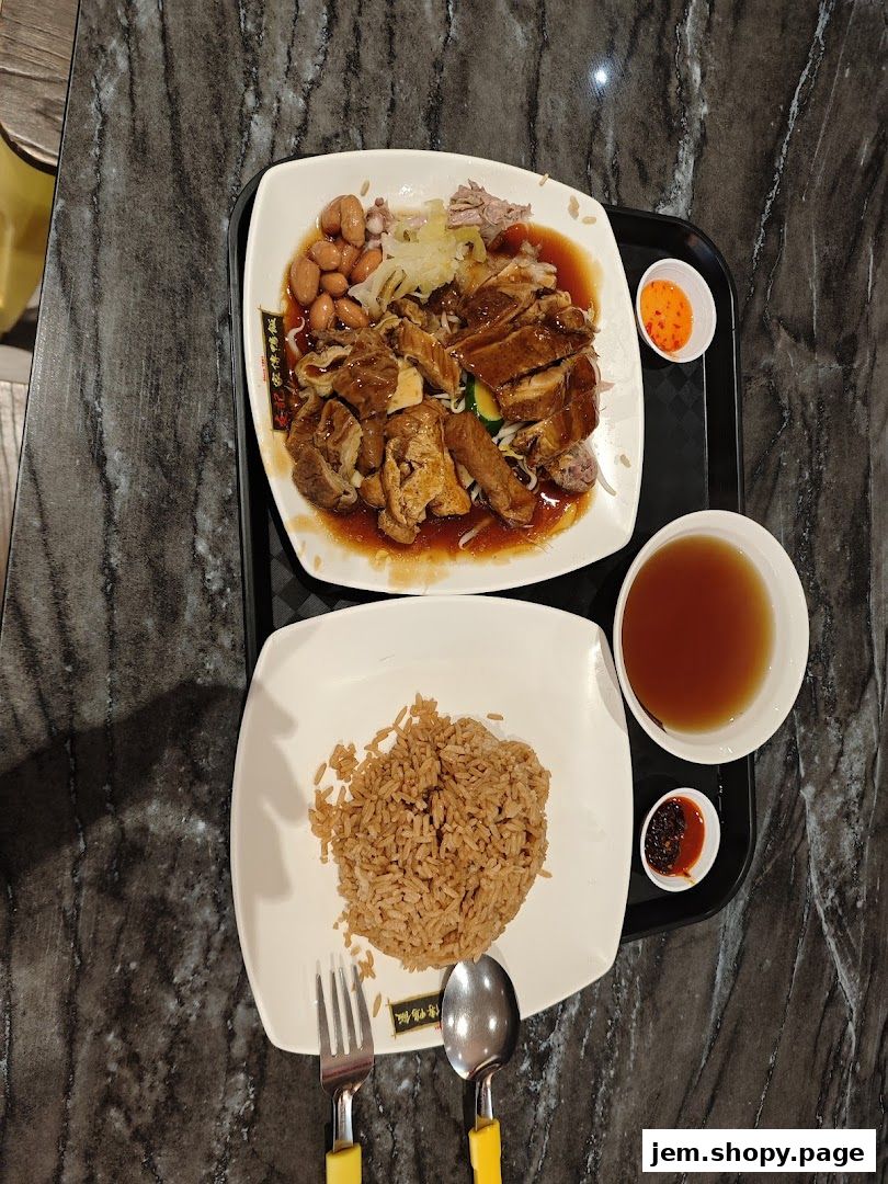 A plate of roasted duck with rice and soup, served with chili sauce.