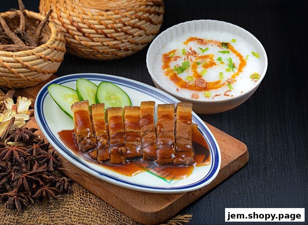 A plate of braised pork belly with cucumber slices and a bowl of congee.