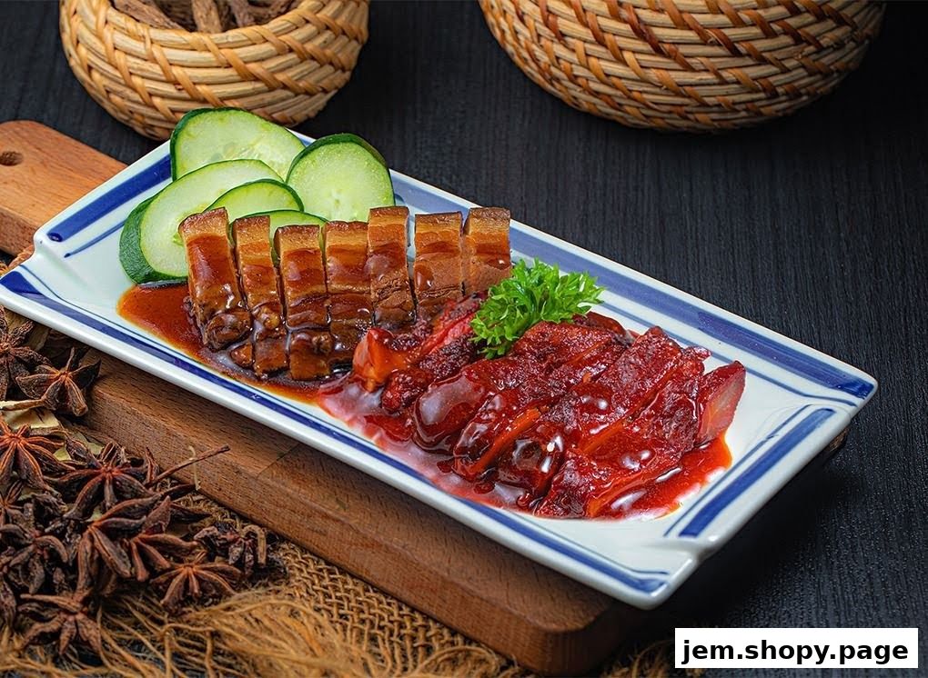 A platter of roasted pork belly and char siu with cucumber slices and parsley.