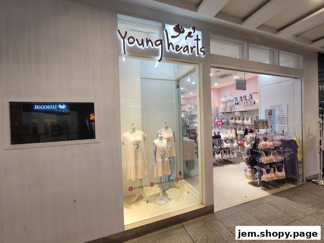 The entrance of Young Hearts Lingerie shop displaying mannequins and lingerie.