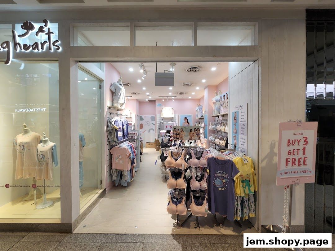 Entrance of Young Hearts Lingerie shop displaying sleepwear and lingerie.