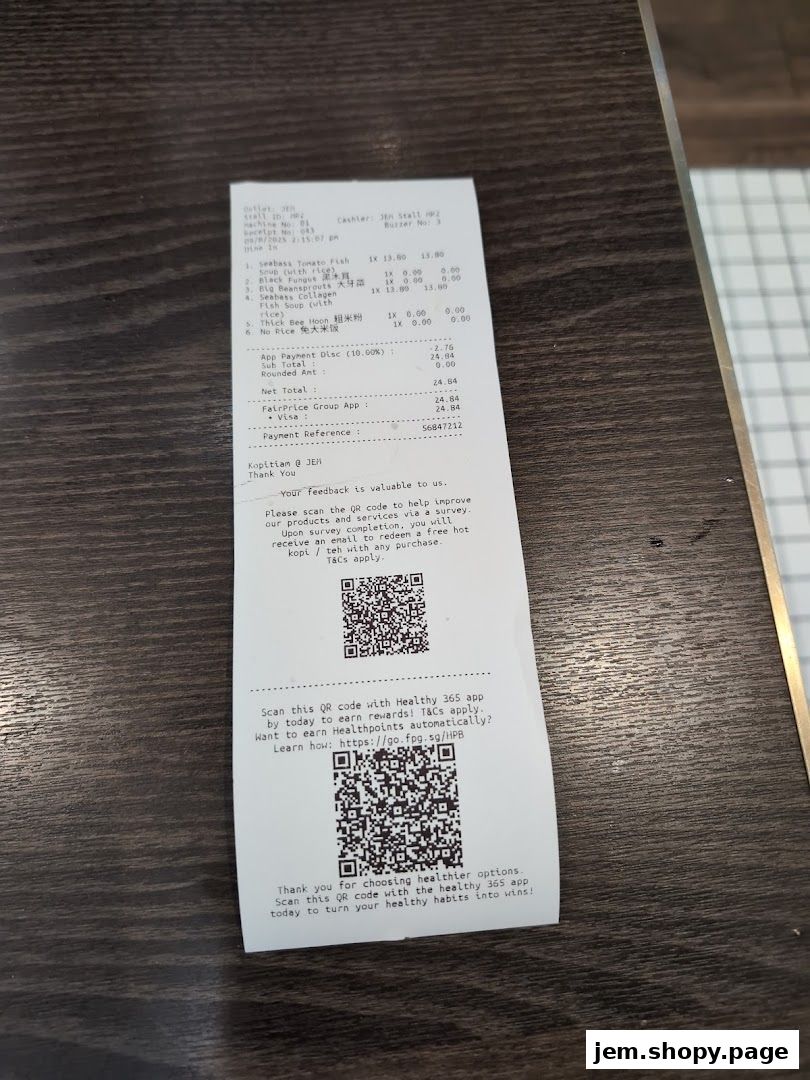 A receipt from Kopitiam @ JEN listing food items and prices.