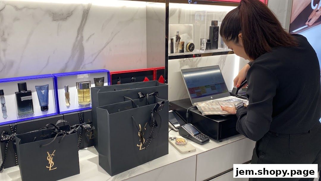 YSL store interior with perfume gift sets, shopping bags, and a cashier at the counter.