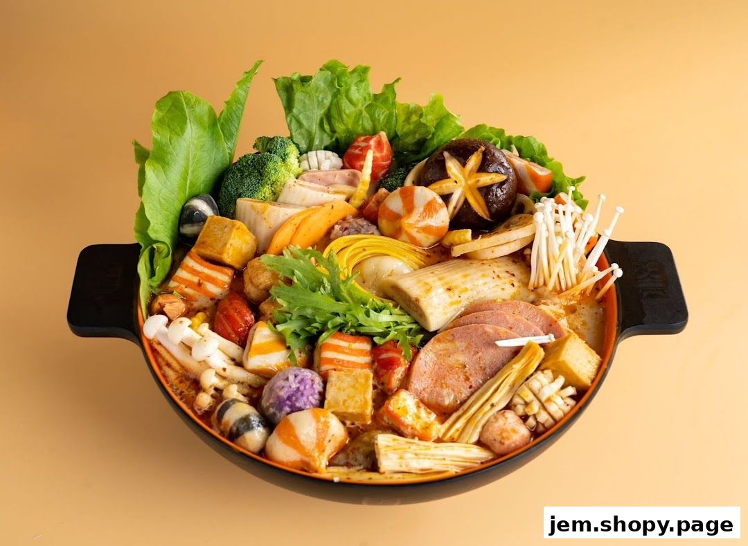 A large, steaming bowl of Malatang filled with various ingredients like vegetables, meats, and mushrooms.