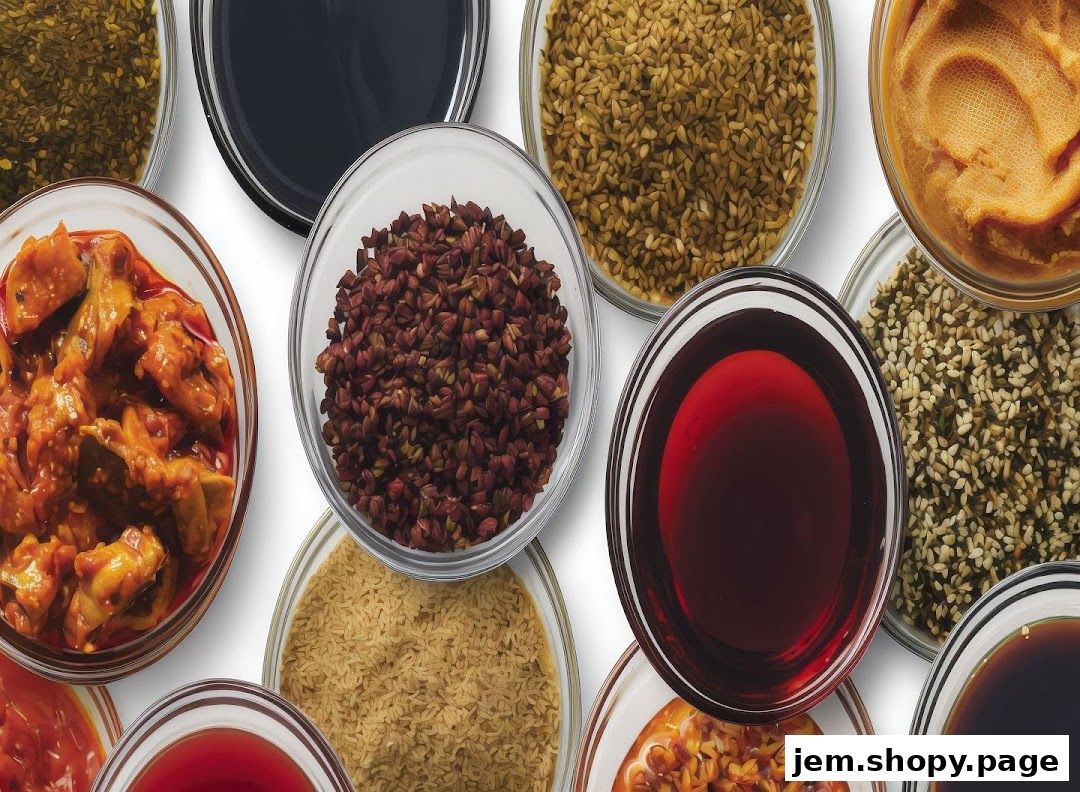 Bowls of various ingredients and sauces, including spices, grains, and pickled items.