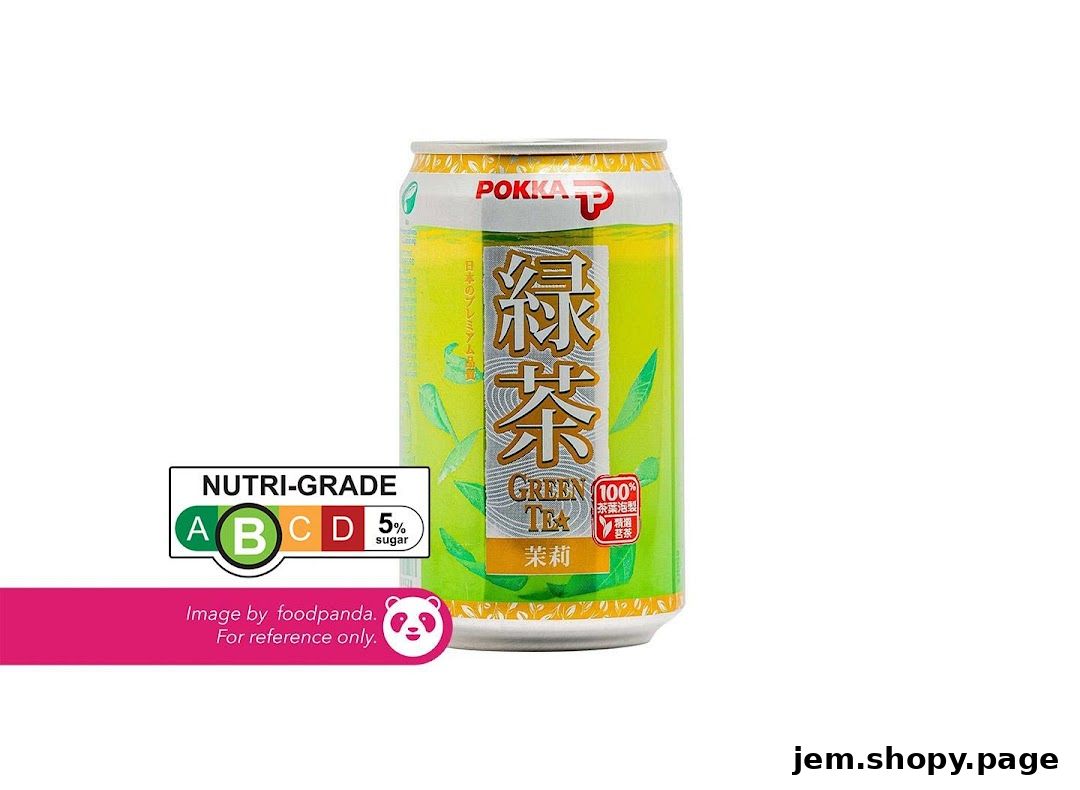 A can of Pokka Green Tea with Nutri-Grade label and foodpanda watermark.