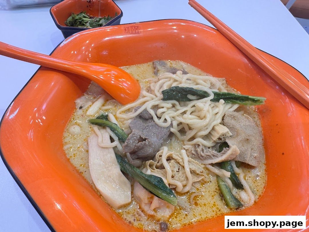 A close-up of a bowl of Malatang with noodles, meat, and vegetables.