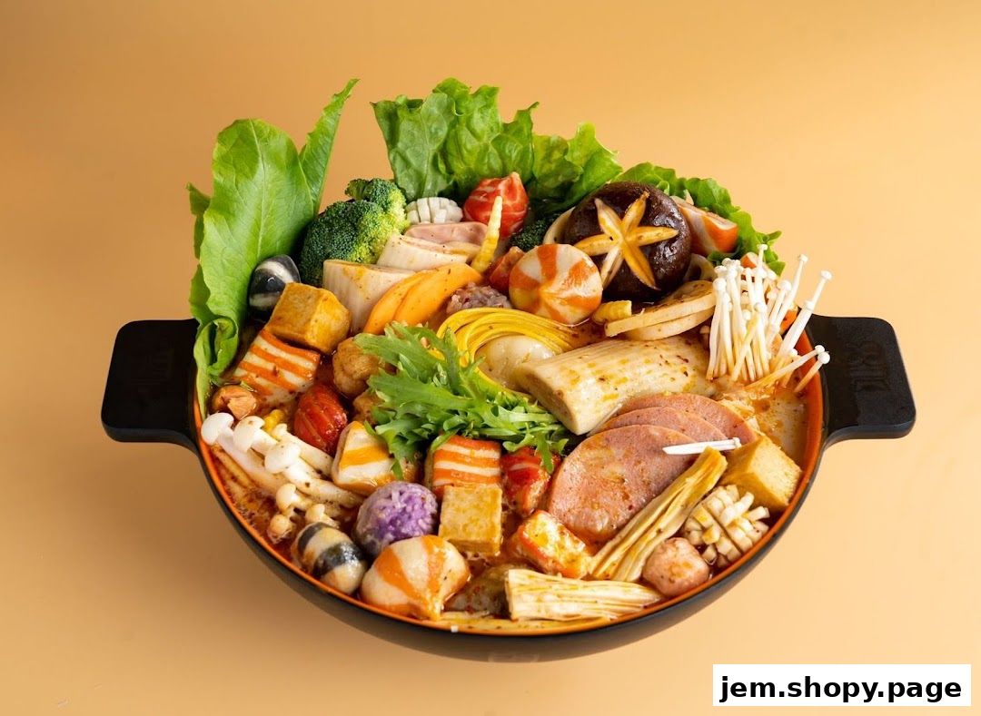 A large, steaming bowl of Malatang filled with various meats, vegetables, and noodles.