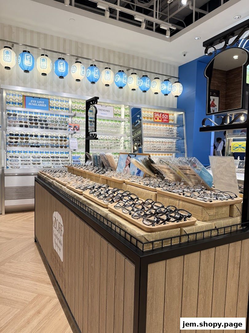 Interior view of an eyewear shop displaying a wide selection of glasses and sunglasses.